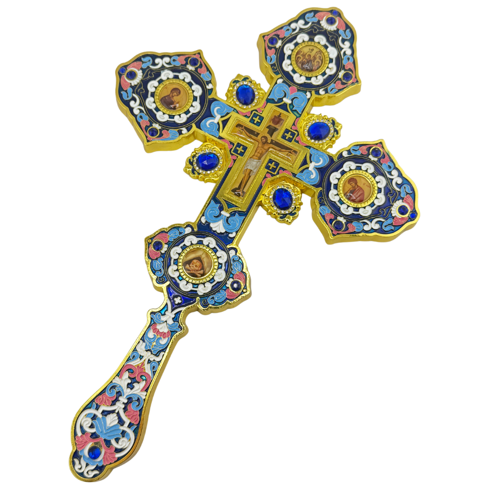 Orthodox Altar Cross In Gilding With Colored Enamel (Stand Optional) Orthodox Altar Cross In Gilding With Colored Enamel (Stand Optional)